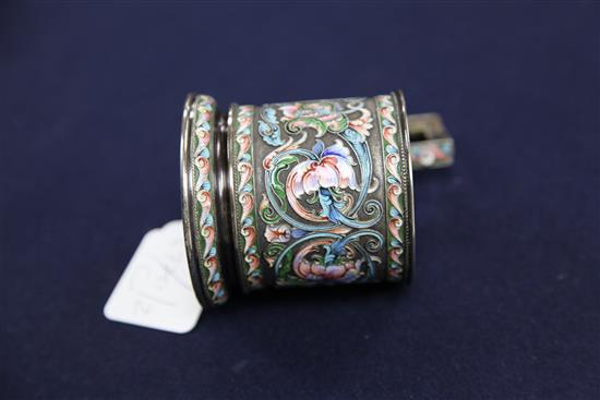 A late 19th/early 20th century Russian 84 zolotnik silver and cloisonne enamel tea glass holder, gross 6.5 oz.